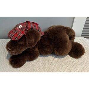 VTG Gund Eddie Bauer Chocolate Labrador Retriever Dog Plush 1995 16" Plaid Hat